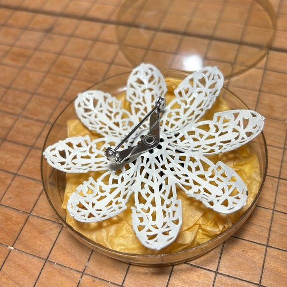 MCM Brooch White Enamel Filigree Black Flower Clear Gem Center Rolling Pin Clasp - Picture 6 of 12